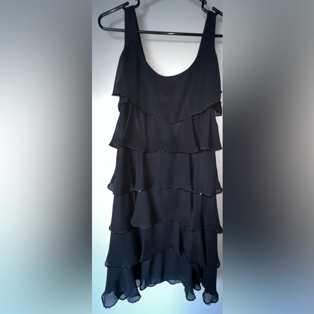 Early 2000s Patra Black Ruffled Dress with Beaded Edges, size 8,